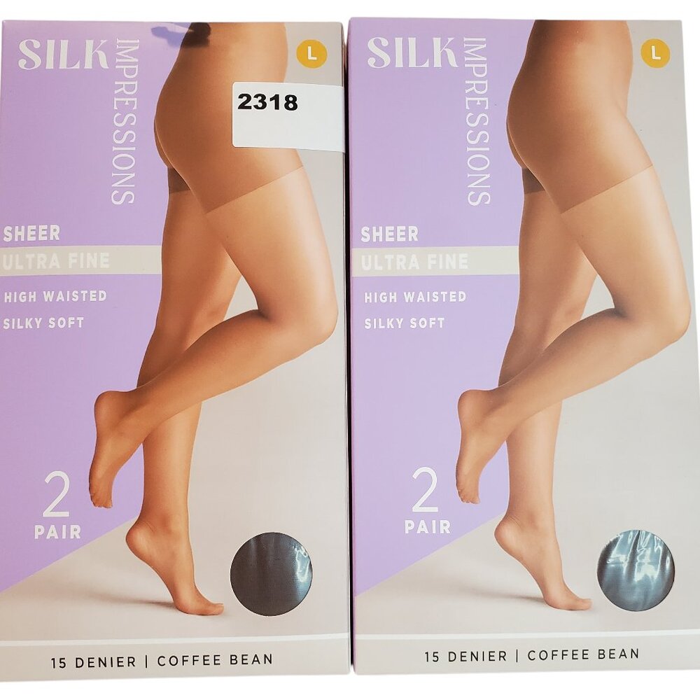 NEW 2 Pks of 2 Pair SZ L Silk Impressions Ultra Fine Sheer Pantyhose Coffee Bean